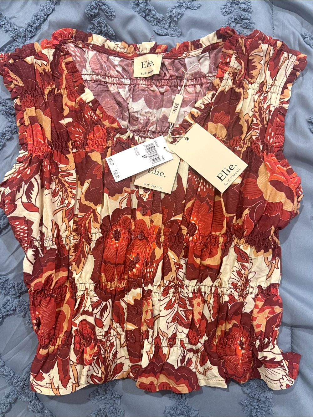Elie Tahari Red & Cream Floral Smocked Camisole
